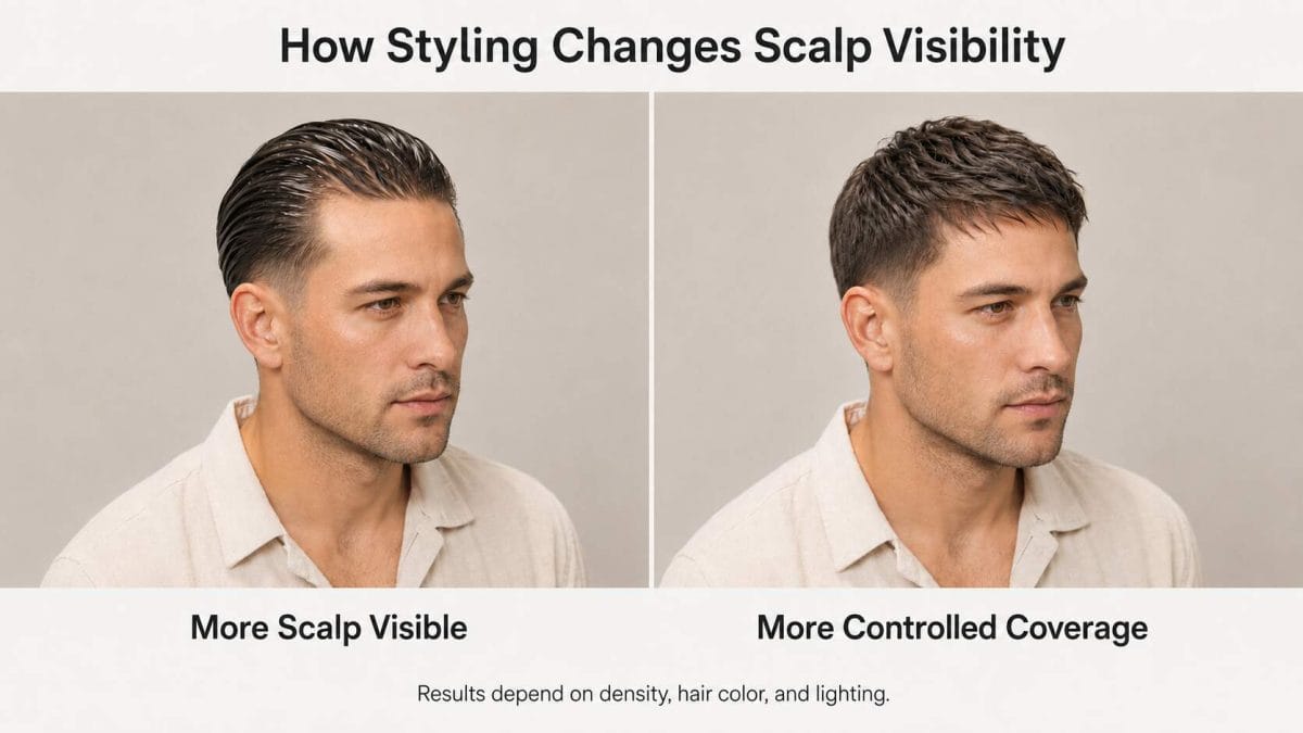 Fine hair with a glossy separated style shows more scalp than a compact matte style with retained side coverage.
