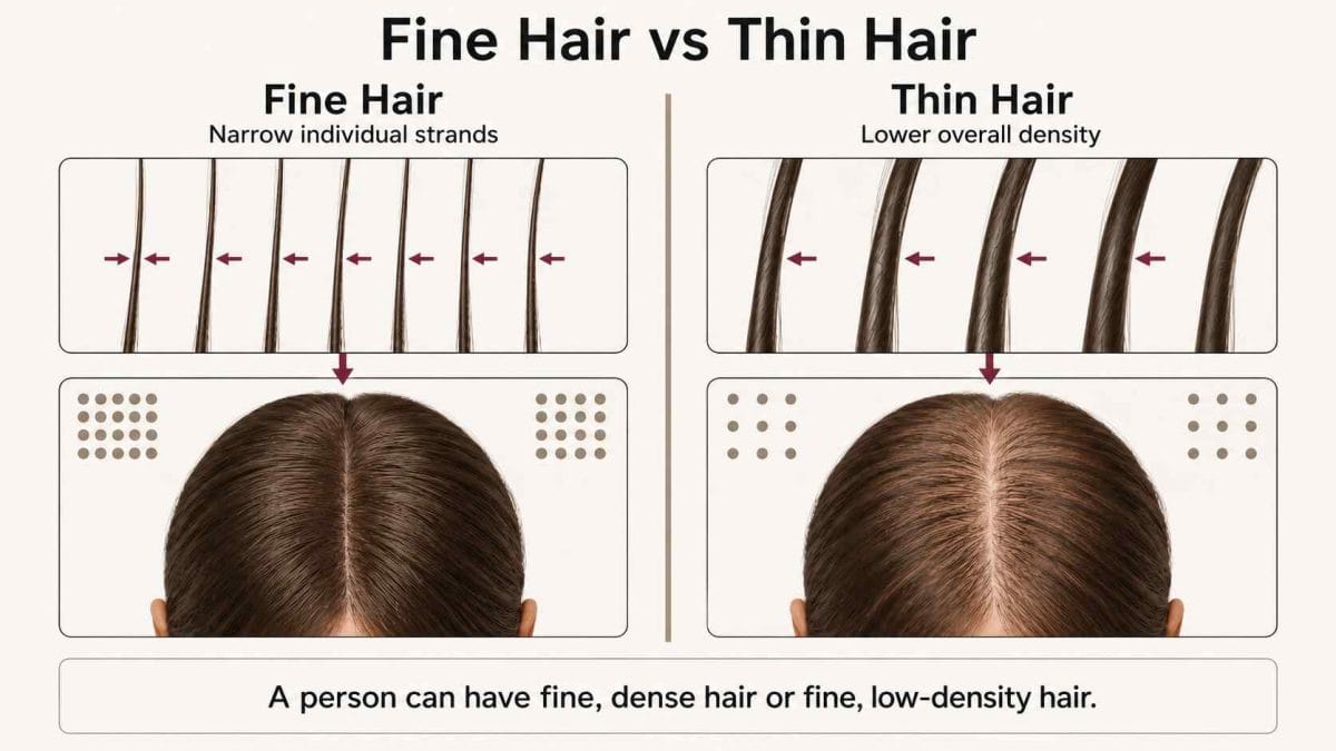 Fine hair has narrow strands, while thin hair has fewer strands covering the scalp.