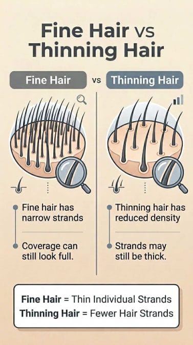 Infographic comparing narrow fine strands with reduced hair density across the scalp.