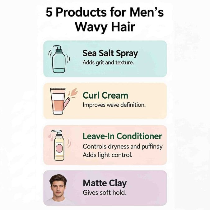 Infographic showing 5 styling products for men’s wavy hair, including sea salt spray and curl cream.