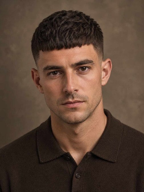 Man with fine hair wearing a French crop with a short forward fringe.