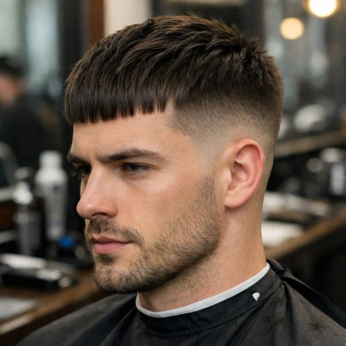 French crop with a textured top and straight fringe paired with a skin fade.