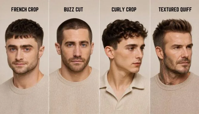 Four men with fine hair wearing a textured crop, crew cut, low taper, and short quiff.