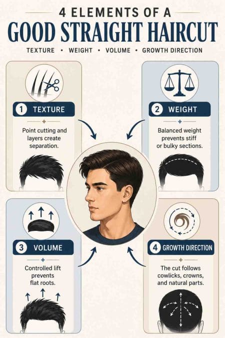 Infographic showing the four elements of a good straight haircut: texture, weight, volume, and growth direction.
