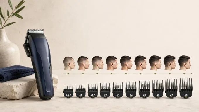 Hair clipper with numbered guards arranged from shorter to longer cutting settings.