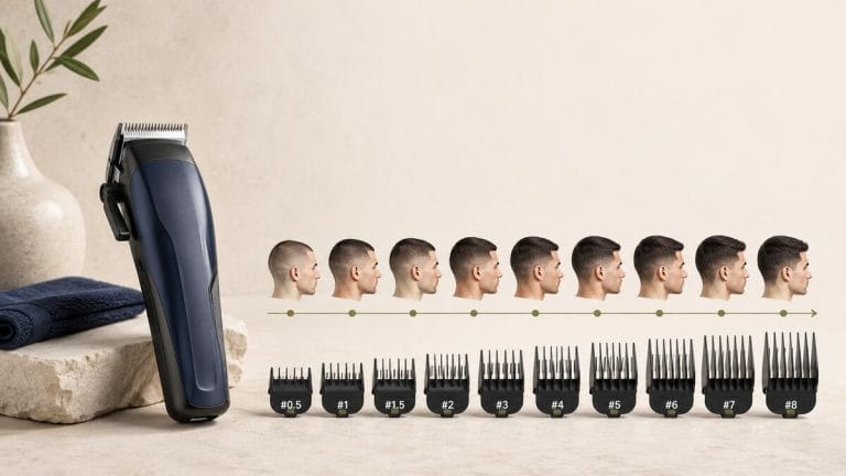 Hair clipper with numbered guards arranged from shorter to longer cutting settings.