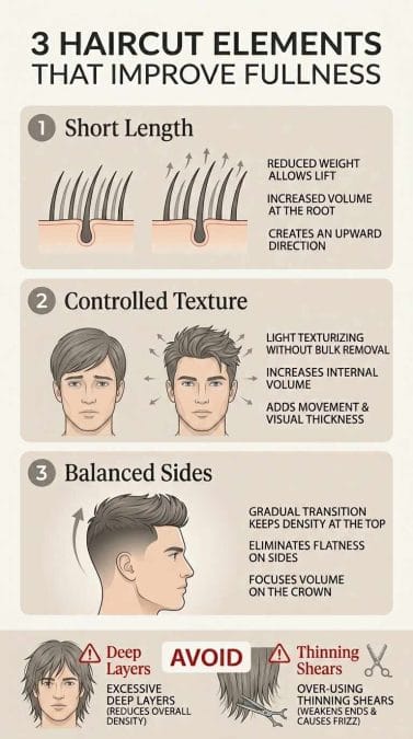 Infographic explaining how short length, controlled texture, and balanced sides improve the appearance of thinning hair.