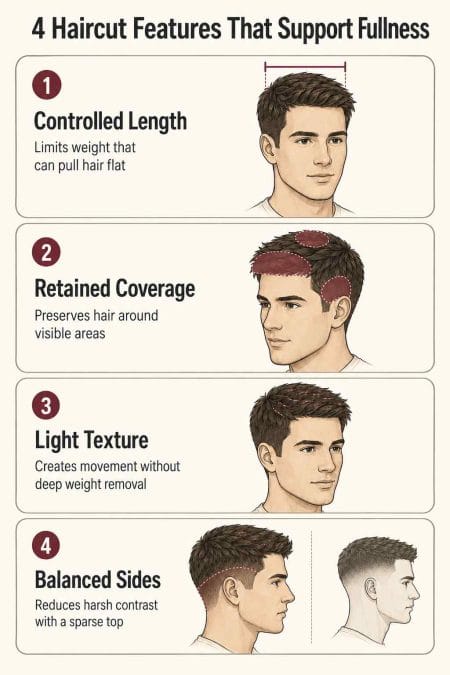 Four haircut features for fine hair: controlled length, retained coverage, light texture, and balanced sides.