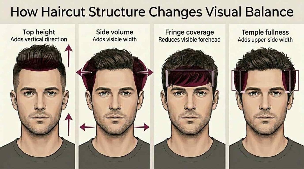 Four haircut variations showing how top height, side volume, fringe coverage, and temple fullness change visual emphasis
