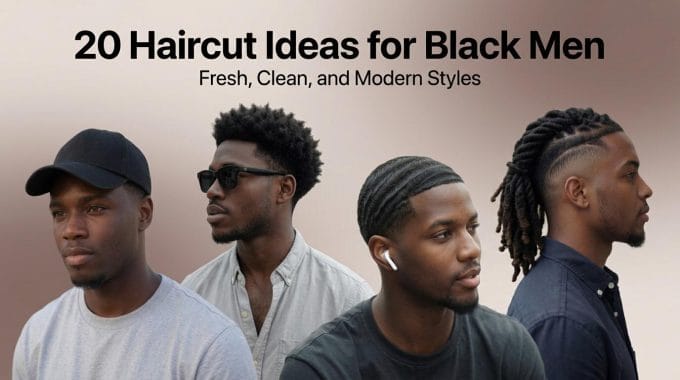 Modern Haircut Ideas for Black Men featuring four popular styles, including a fade, high-top, waves, and locs, in a clean editorial layout.