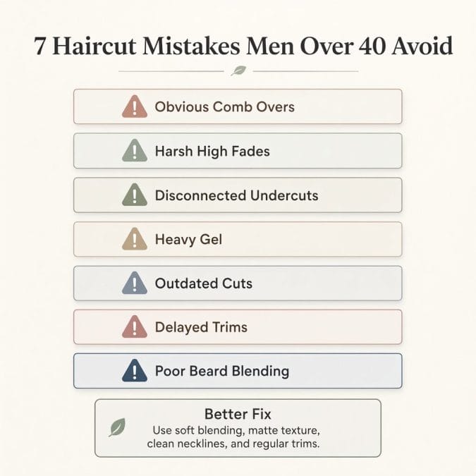 Infographic showing 7 haircut mistakes men over 40 should avoid.