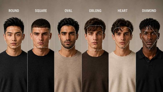 Men with six face shapes wearing haircut structures that use different height, fringe, and side volume