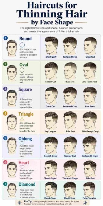 Infographic matching 7 face shapes with suitable thinning-hair cuts, including crops, crew cuts, tapers, and side parts.