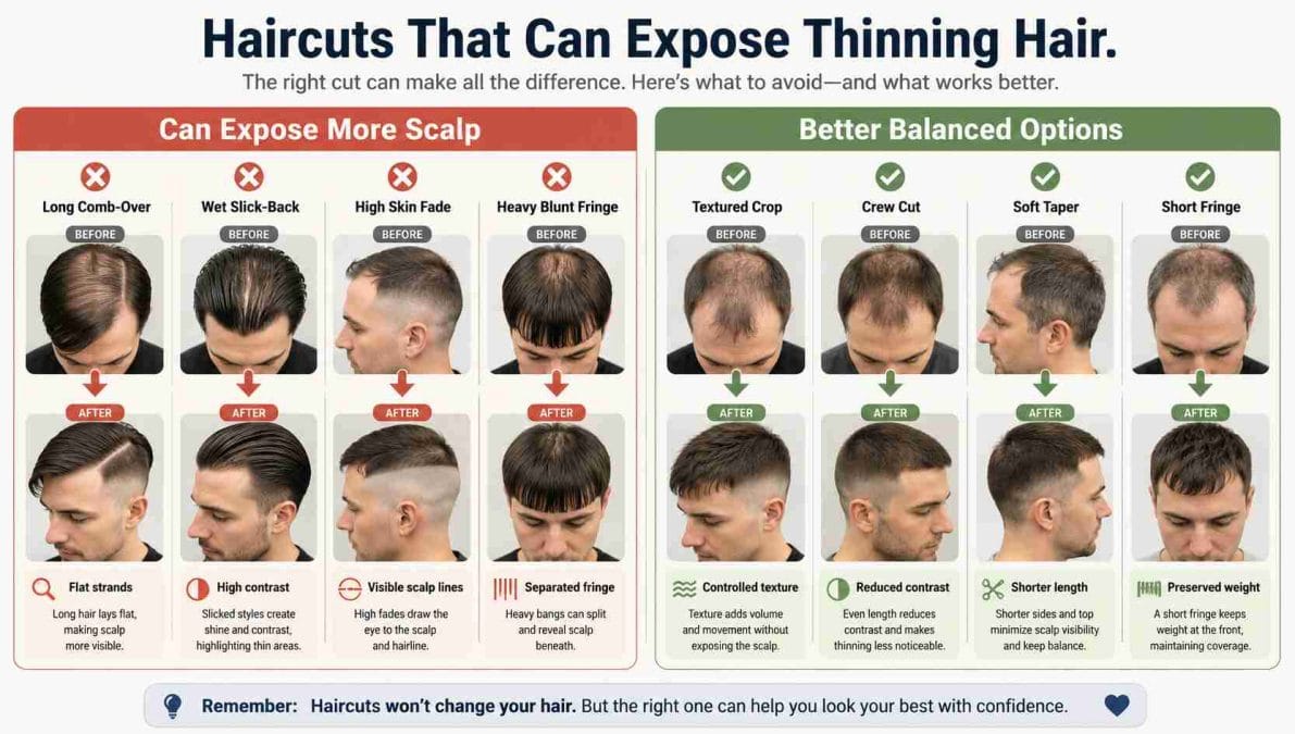 Comparison graphic showing haircuts that expose thinning hair beside better-balanced options.