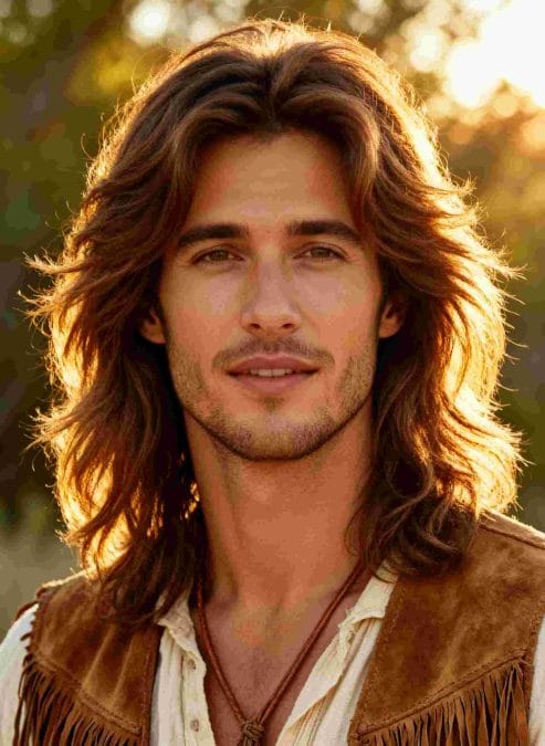 Man with long flowing 70s hippie hair, a loose middle part, and natural layers.