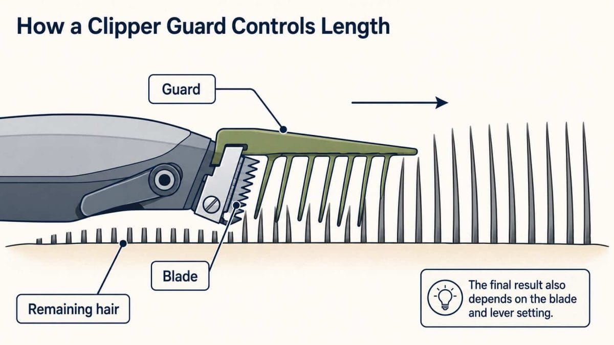 Clipper guard spacing the blade from the scalp to control the approximate hair length left after cutting.