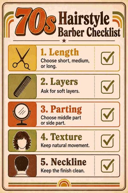Illustrated product guide featuring six styling products for creating different 70s hair textures.