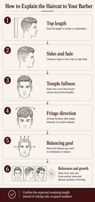 Six-step barber request covering top length, side length, temple fullness, fringe, balancing goal, and reference views