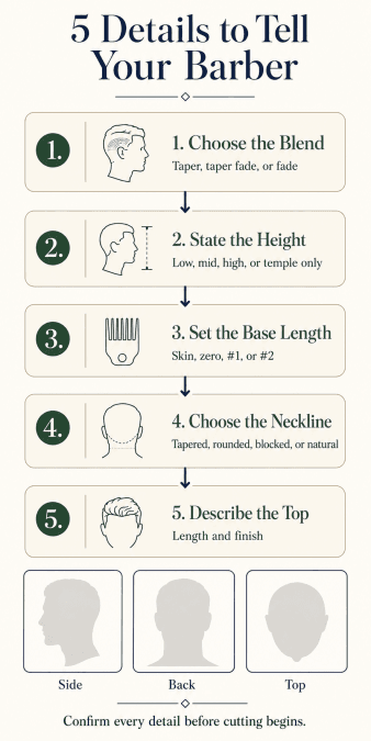 Five-step barber request covering blend type, height, base length, neckline, and top style.
