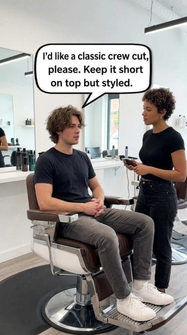 Barbershop scene showing how to ask for a crew cut with clear haircut instructions.