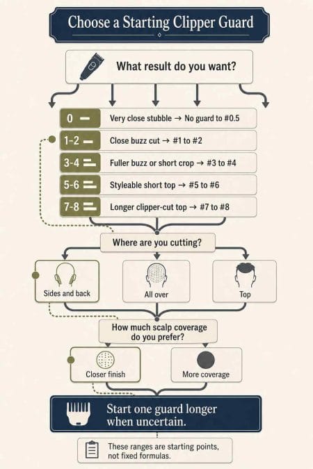 Decision tree for choosing a starting clipper guard by desired length, cutting area, and scalp coverage.