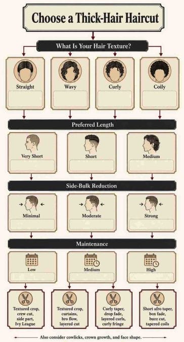 Decision tree for choosing a thick-hair haircut by texture, length, side bulk, and maintenance.