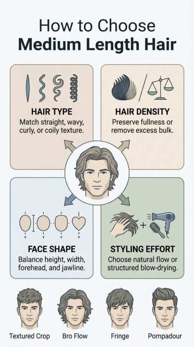Infographic explaining how to choose a medium-length hairstyle based on hair type, face shape, density, and styling effort.