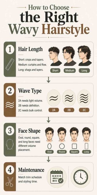 Infographic explaining how men can choose wavy hairstyles by length, wave type, face shape, and maintenance.