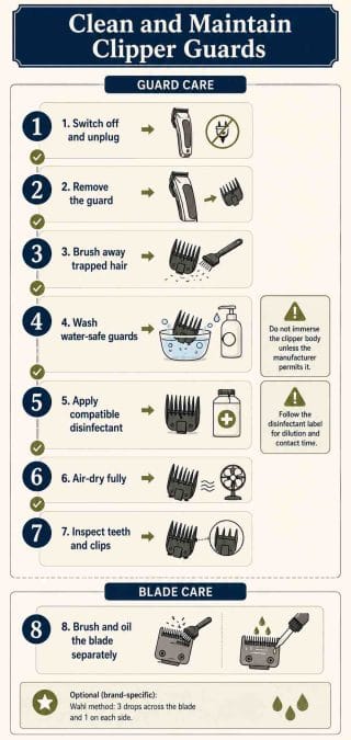 Eight-step routine for cleaning clipper guards, drying attachments, checking teeth, and oiling the blade separately.