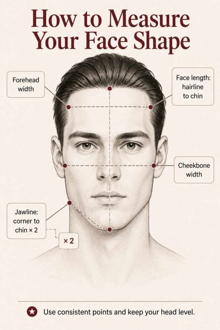 Face measurement points for forehead width, cheekbone width, jawline, and hairline-to-chin length
