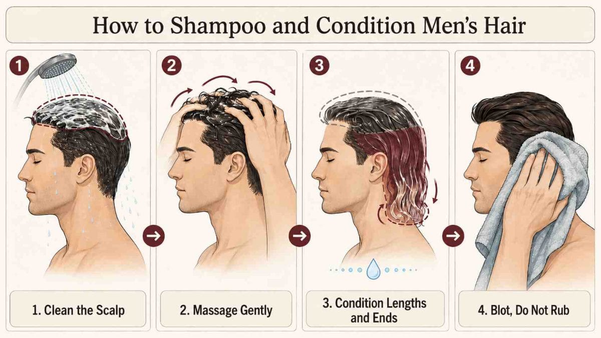 Four-step process showing shampoo on the scalp, conditioner on hair lengths, rinsing, and gentle towel drying.