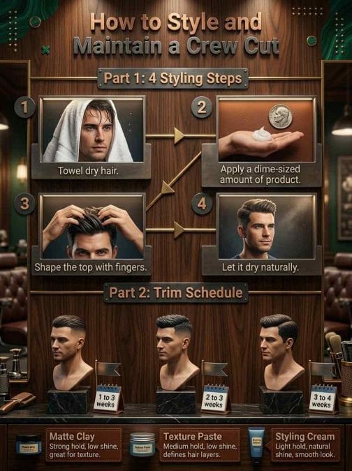 Infographic explaining how to style and maintain a crew cut with products and trim timing.
