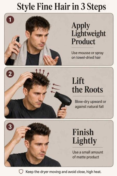 Three-step process applying lightweight product, lifting the roots while drying, and finishing with a small amount of matte product.