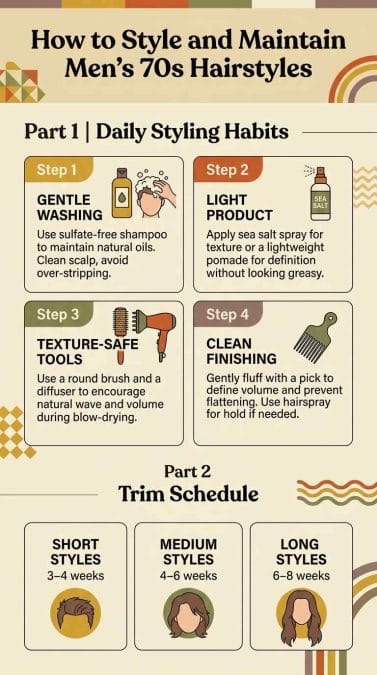 Illustrated styling routine and trim schedule for short, medium, and long men’s 70s hairstyles.