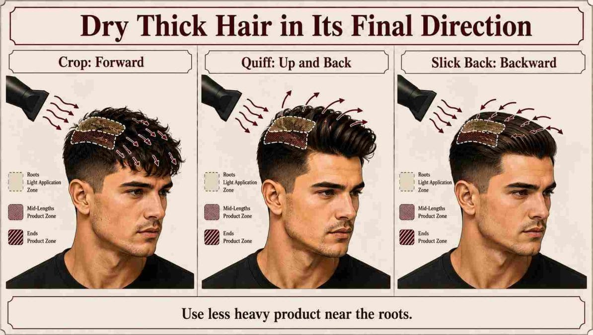 Drying directions for a textured crop, short quiff, and slick-back hairstyle.