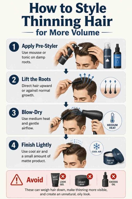 Four-step infographic showing how to apply pre-styler, lift roots, blow-dry, and finish thinning hair with matte product.