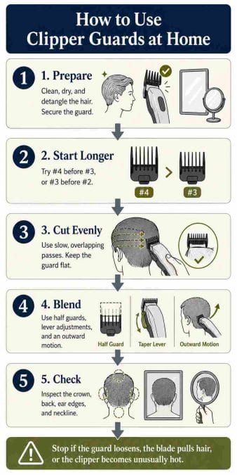 Five-step home haircut process covering preparation, longer guard selection, even cutting, blending, and final checks.