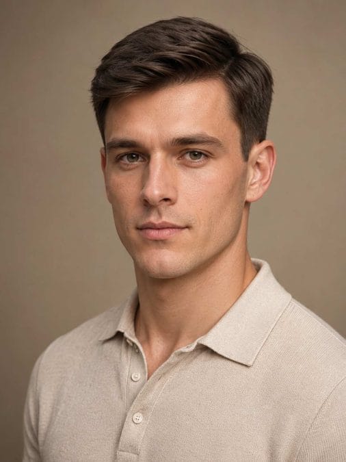 Man with fine hair wearing an Ivy League cut with a soft side sweep.
