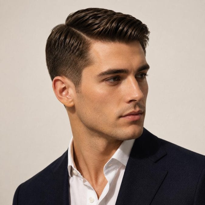 Ivy League haircut with a side part and short tapered sides for straight hair.