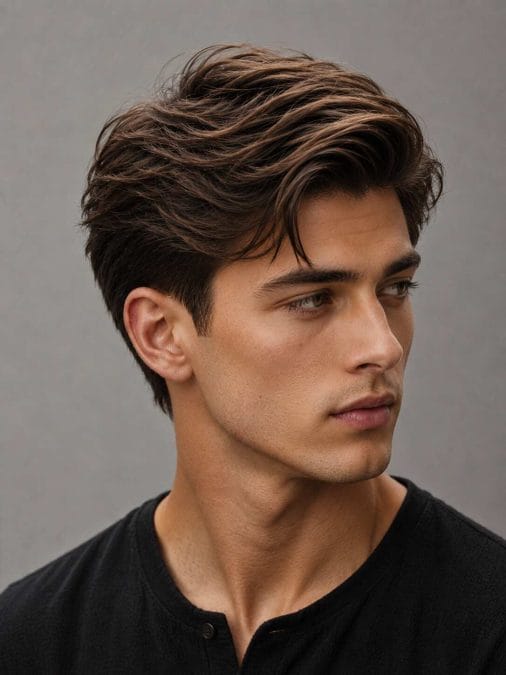 Man with a medium-length layered comb-over featuring textured volume and natural movement.