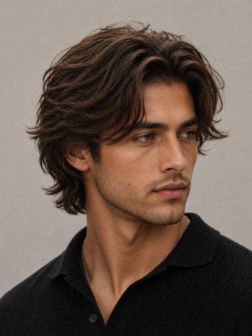 Man with a medium-length layered lob hairstyle featuring soft layers and natural movement.