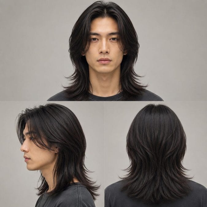 Man with long layered straight hair shown from the front, side, and back to demonstrate shape, movement, and length distribution.