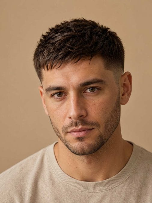 Man with fine hair wearing a low fade with a short textured top.