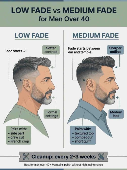 Low fade vs medium fade comparison for men over 40.