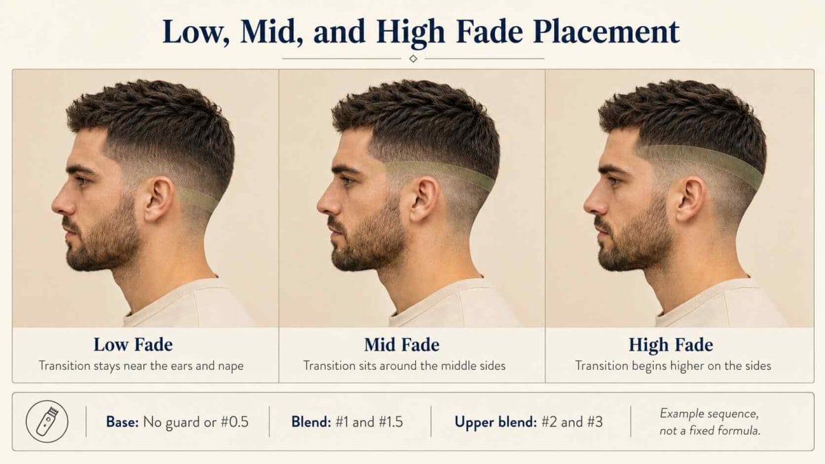 Low, mid, and high fades compared by the vertical placement of their transition zones.