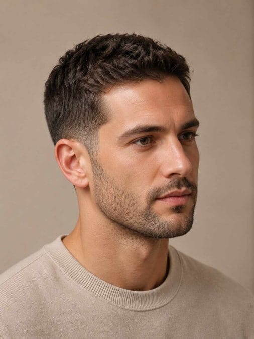 Man with fine hair wearing a low taper fade around the sideburns and neckline.