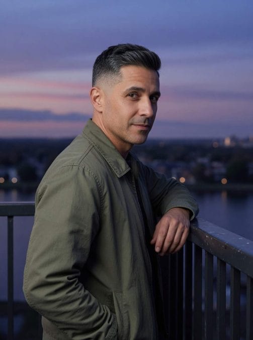 Low taper fade haircut with side-parted gray hair.