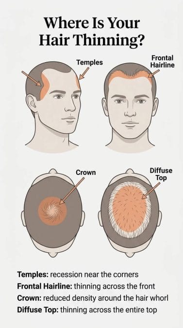 Illustration identifying thinning at the temples, frontal hairline, crown, and entire top.