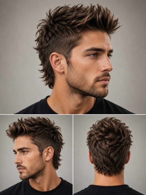 Man with a medium-length textured faux hawk featuring fuller volume through the center and tapered sides.