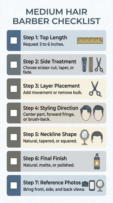 Infographic showing a seven-step barber checklist for medium-length hairstyles for men.